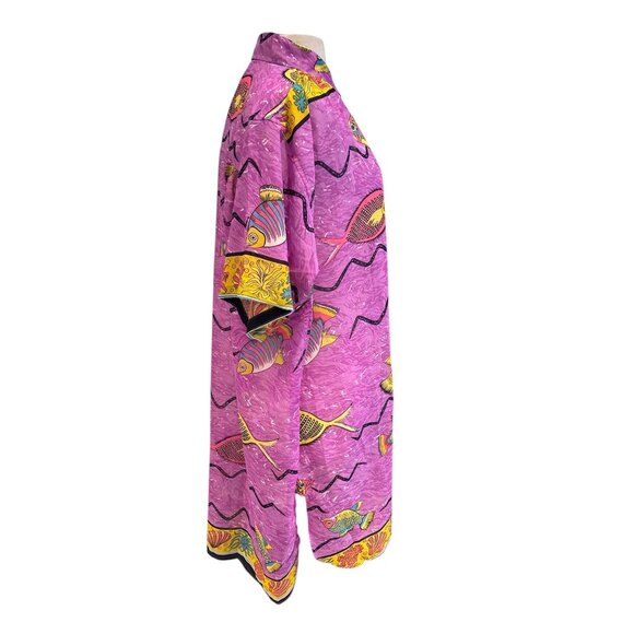 Tropical Fish Print Kaftan Dress Purple Yellow One Size By Rima 100% Shiffon - Picture 4 of 6